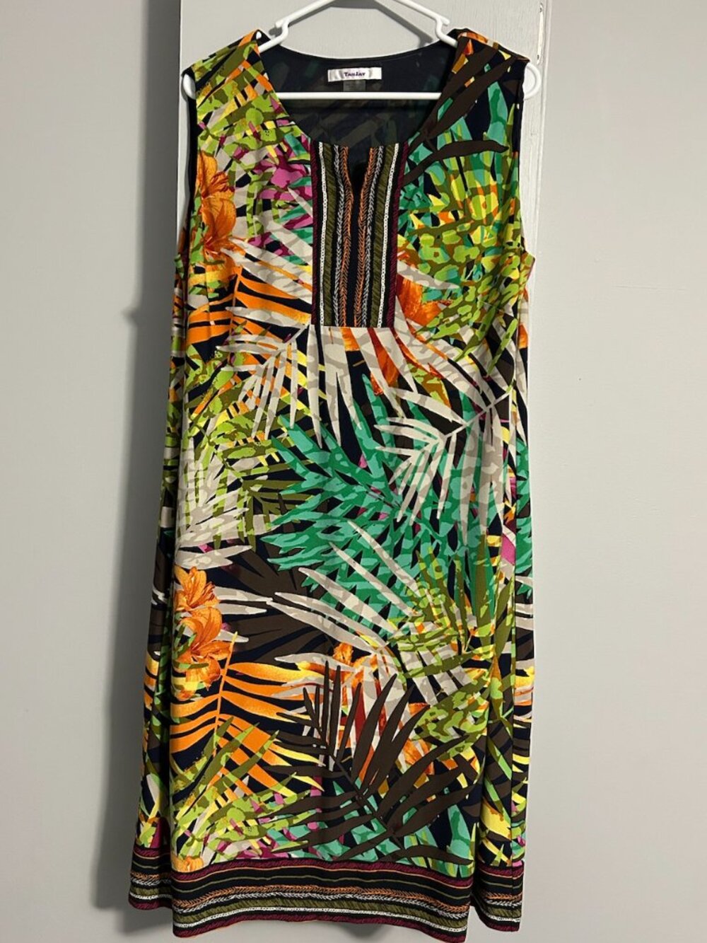 TanJay Vibrant Tropical Palm Print Sleeveless Midi Shift Dress Women's Size 16